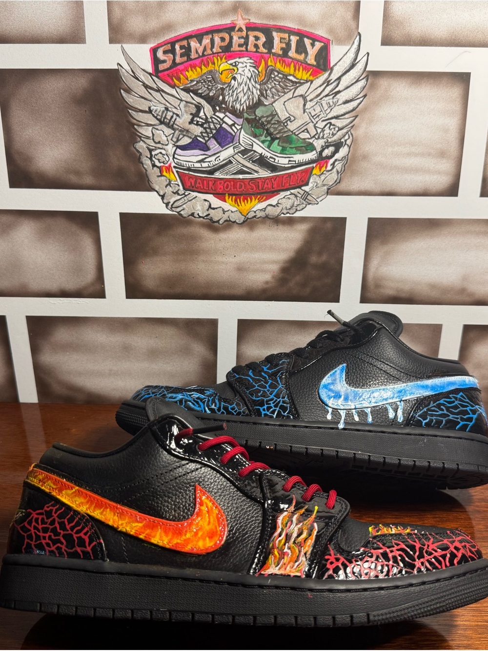 Nike Black Low-Top Sneakers with Orange Flame & Blue Ice Swooshes